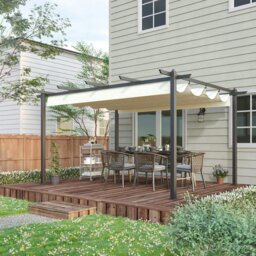 Rackhams 4 x 3(m) Aluminium Pergola Gazebo Garden Shelter w/ Retractable Roof - Cream - Aluminium Alloy, Polyester - 3.96m x 2.96m x 2.2m - thumbnail 3