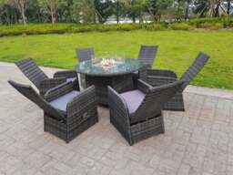 Rackhams Rattan Garden Furniture Gas Fire Pit Round Dining Table And Chairs 6 Seater Plus Round Table - thumbnail 2