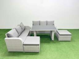 Rackhams 8 Seater Rattan Outdoor Dining Table 3 Seater Sofa Set with 2 Big Stools Light Grey - thumbnail 1