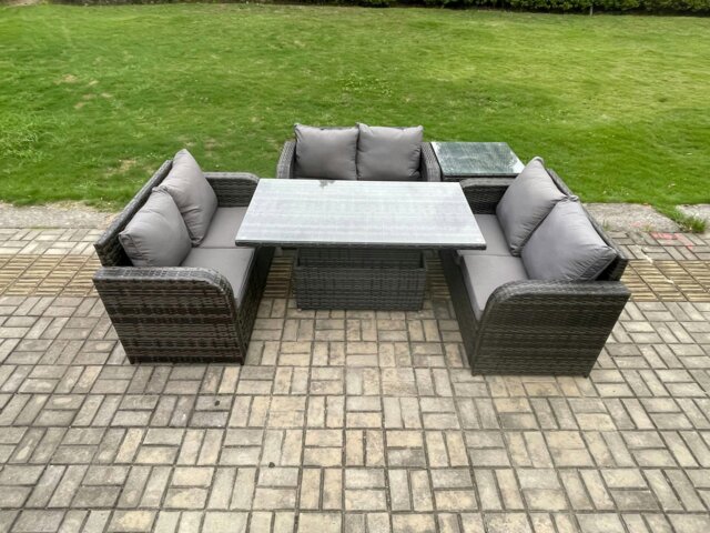 Rackhams Outdoor Rattan Furniture Garden Dining Set Height Adjustable Rising lifting Table With 3 PC Love Sofa Side Table - image 1