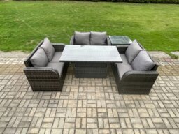 Rackhams Outdoor Rattan Furniture Garden Dining Set Height Adjustable Rising lifting Table With 3 PC Love Sofa Side Table - thumbnail 1