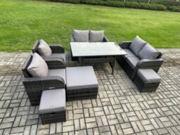 Rackhams Outdoor Rattan Garden Furniture 8 piece Grey Patio Furniture Set 9 Seater Lounge Sofa Set with Rectangular Table Reclining Chairs 3 Stools - thumbnail 2