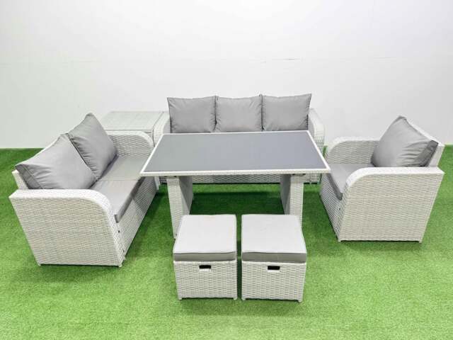 Rackhams Rattan Outdoor Table Reclining Chair Sofa Set with Side Table 2 Small Stools Light Grey 8 Seater - image 1