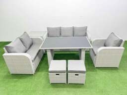 Rackhams Rattan Outdoor Table Reclining Chair Sofa Set with Side Table 2 Small Stools Light Grey 8 Seater - thumbnail 1
