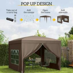 Rackhams 3 x 3 m Pop Up Gazebo, Wedding Party Canopy Tent Marquee with Carry Bag and Windows, Coffee - thumbnail 4