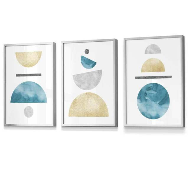 Rackhams Yellow and Aqua Blue Abstract Mid Century Geometric Set of 3 Framed Wall Art - 30x42cm (A3) - Silver - image 1