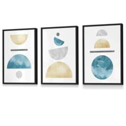 Rackhams Yellow and Aqua Blue Abstract Mid Century Geometric Set of 3 Framed Wall Art - 30x42cm (A3) - Silver - thumbnail 4