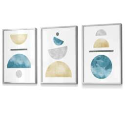 Rackhams Yellow and Aqua Blue Abstract Mid Century Geometric Set of 3 Framed Wall Art - 30x42cm (A3) - Silver