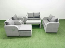 Rackhams 7 Seater Outdoor Reclining Chair Love Sofa Set Rattan Garden Furniture Set with Oblong Coffee Table Footstool Side Table Light Grey - thumbnail 1