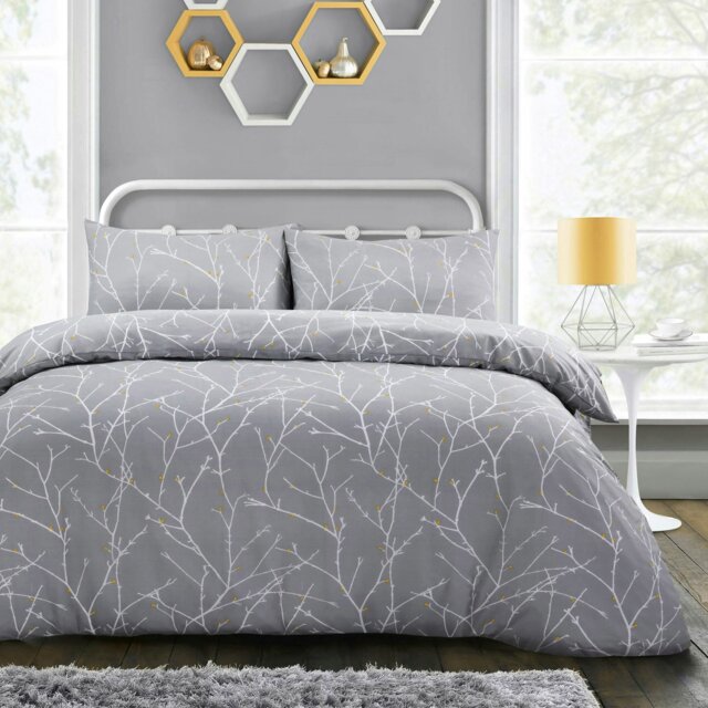 Rackhams Autumn Branches Printed Cotton Blend Grey Duvet Cover and Pillowcase Set - Grey - Single - image 1