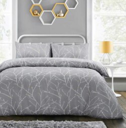 Rackhams Autumn Branches Printed Cotton Blend Grey Duvet Cover and Pillowcase Set - Grey - Single - thumbnail 2