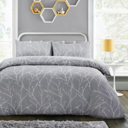 Rackhams Autumn Branches Printed Cotton Blend Grey Duvet Cover and Pillowcase Set - Grey - Single