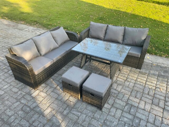 Rackhams 8 Seater Garden Furniture Sofa Set Rectangular Dining Table 2 Small Footstool Indoor Outdoor Rattan Set Dark Grey Mixed - image 1