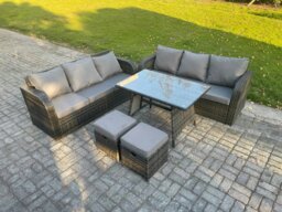 Rackhams 8 Seater Garden Furniture Sofa Set Rectangular Dining Table 2 Small Footstool Indoor Outdoor Rattan Set Dark Grey Mixed - thumbnail 2