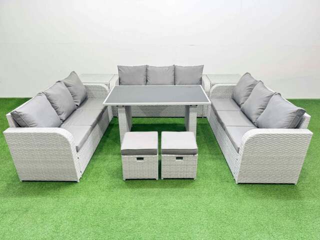 Rackhams Patio Garden Furniture Sets with Black Glass Top Dining Table 3 Seater Sofa 2 Side Tables 2 Small Stool Light Grey - image 1