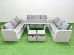 Rackhams Patio Garden Furniture Sets with Black Glass Top Dining Table 3 Seater Sofa 2 Side Tables 2 Small Stool Light Grey - thumbnail 1