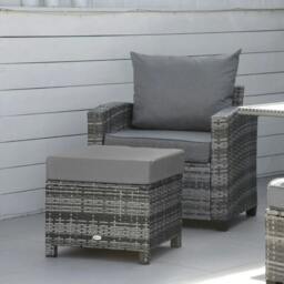 Rackhams Rattan Footstool Wicker Ottoman with Padded Seat Cushion Outdoor Patio Furniture for Garden Poolside Living Room, 50 x 50 x 35 cm, Grey - thumbnail 2