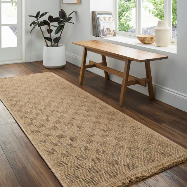 Rackhams Mirage-Cottage Tan Brown Checkered Fringe In- & Outdoor Jute-Look Rug - 80 x 220 cm