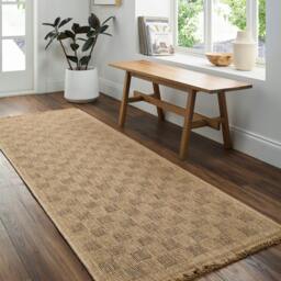 Rackhams Mirage-Cottage Tan Brown Checkered Fringe In- & Outdoor Jute-Look Rug - 80 x 220 cm - thumbnail 1