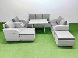 Rackhams PE Rattan Garden Furniture Set Outdoor Rectangular Dining Table Sofa Set with Reclining Chair 2 Big Stool Light Grey - thumbnail 1