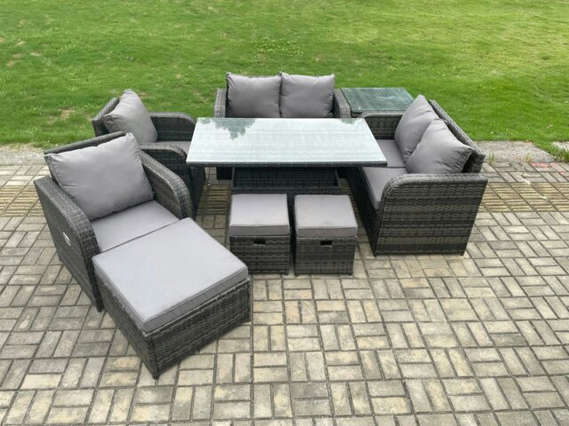 Rackhams PE Rattan Garden Furniture Set Height Adjustable Rising lifting Dining Table Chair Love Sofa With Side Table 3 Footstools - image 1