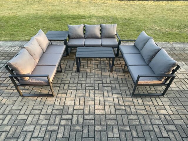 Rackhams Aluminium 9 Seater Outdoor Garden Furniture Set Lounge Sofa Oblong Coffee Table Side Table Sets with Cushions Dark Grey - image 1