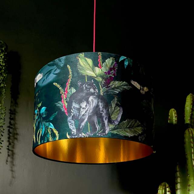 "Rackhams Handmade Velvet Lampshade with Gold Lining in Wild Wood - Ceiling Pendant / Arc Lamp - 35cm diameter x 25cm Height (14"" x 10"")" - image 1