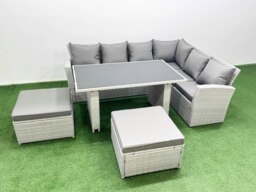 Rackhams Outdoor Garden Furniture Sets 8 Seater Wicker Rattan Corner Sofa Sets with Rectangular Dining Table Lounge Sofa 2 Big Footstool Light Grey - thumbnail 1