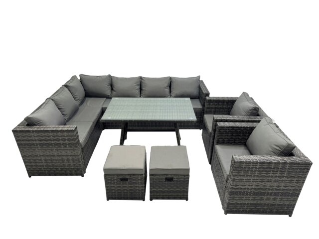 Rackhams 10 seater Outdoor PE Rattan Sofa Set with Dining Table Patio Garden Furniture Sets with 2 Chair 2 Small Stools Dark Grey Mixed - image 1