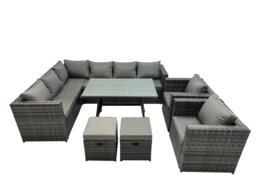 Rackhams 10 seater Outdoor PE Rattan Sofa Set with Dining Table Patio Garden Furniture Sets with 2 Chair 2 Small Stools Dark Grey Mixed - thumbnail 1
