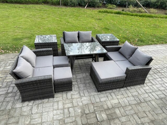 Rackhams Outdoor Lounge Sofa Set - Dark Grey Mixed Wicker PE Rattan Garden Furniture with Rectangular Dining Table & 3 Footstools - image 1