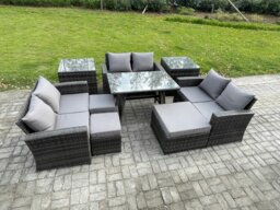 Rackhams Outdoor Lounge Sofa Set - Dark Grey Mixed Wicker PE Rattan Garden Furniture with Rectangular Dining Table & 3 Footstools - thumbnail 1