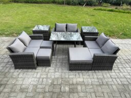 Rackhams Outdoor Lounge Sofa Set - Dark Grey Mixed Wicker PE Rattan Garden Furniture with Rectangular Dining Table & 3 Footstools - thumbnail 2