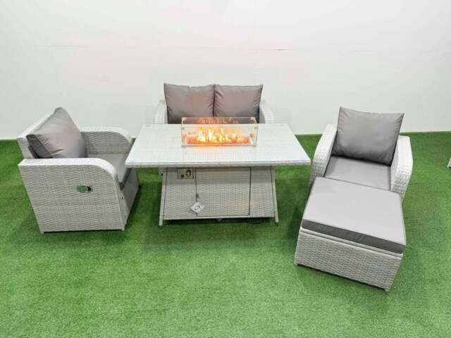 Rackhams Light Grey PE Wicker Rattan Garden Furniture Set Sofa Set Reclining Chair Fire Pit Dining Table 5 Seater With Footstool - image 1