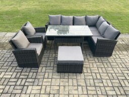 Rackhams 9 Seater Garden Rattan Furniture Corner Sofa Dining Table Chairs Set with Big Footstool 2 Armchairs Indoor Outdoor Lounge Sofa Set - thumbnail 2