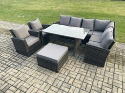 Rackhams 9 Seater Garden Rattan Furniture Corner Sofa Dining Table Chairs Set with Big Footstool 2 Armchairs Indoor Outdoor Lounge Sofa Set - thumbnail 1