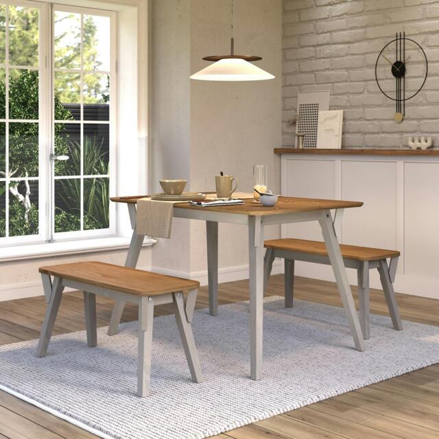 Rackhams Linea 3-Piece Dining Set, Table & 2 Benches, Scandinavian Design - Grey Wax - image 1