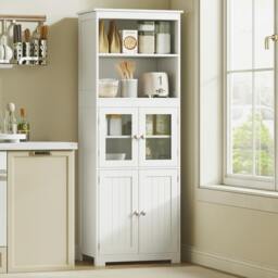 Rackhams Kitchen Cupboard Storage Cabinet Adjustable Shelves, Glass Doors, White - thumbnail 1