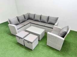 Rackhams 9 Seater Garden Outdoor PE Rattan Furniture Set Rattan Garden Sofa Set with 2 Small Footstools Light Grey Mixed - thumbnail 2