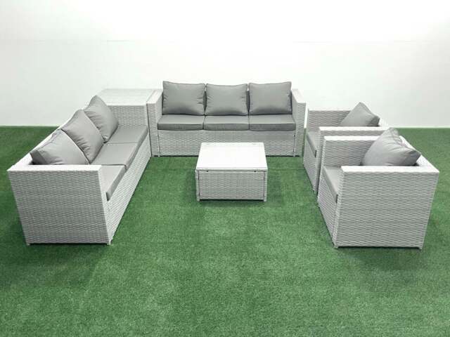 Rackhams Outdoor Rattan Sofa Garden Furniture Set with 2 Armchairs Square Coffee Table Side Table Light Grey Mixed - image 1
