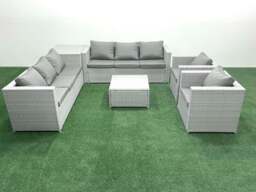 Rackhams Outdoor Rattan Sofa Garden Furniture Set with 2 Armchairs Square Coffee Table Side Table Light Grey Mixed - thumbnail 2
