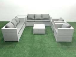 Rackhams Outdoor Rattan Sofa Garden Furniture Set with 2 Armchairs Square Coffee Table Side Table Light Grey Mixed - thumbnail 1