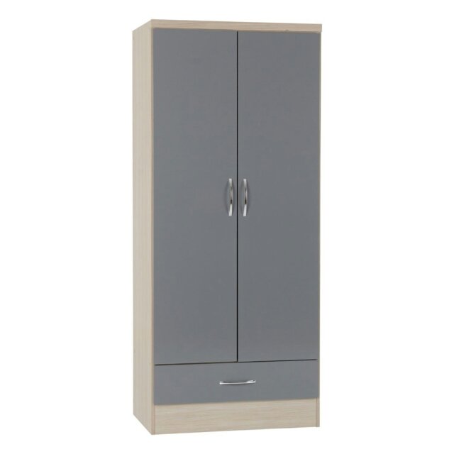 Rackhams Nevada 2 Door 1 Drawer Wardrobe - Grey Gloss and Light Oak - image 1