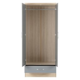 Rackhams Nevada 2 Door 1 Drawer Wardrobe - Grey Gloss and Light Oak - thumbnail 3
