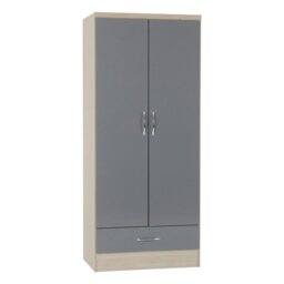 Rackhams Nevada 2 Door 1 Drawer Wardrobe - Grey Gloss and Light Oak - thumbnail 1