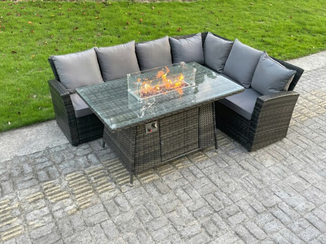 Rackhams High Back Outdoor Rattan Corner Sofa Set Garden Furniture Set Gas Fire Pit Dining Table Gas Heater 6 Seater - image 1
