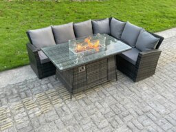 Rackhams High Back Outdoor Rattan Corner Sofa Set Garden Furniture Set Gas Fire Pit Dining Table Gas Heater 6 Seater - thumbnail 1