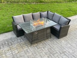 Rackhams High Back Outdoor Rattan Corner Sofa Set Garden Furniture Set Gas Fire Pit Dining Table Gas Heater 6 Seater - thumbnail 3