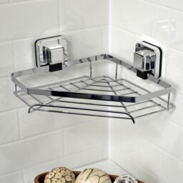Rackhams Pushloc Stainless Steel Suction Wall Mounted Corner Basket - thumbnail 1