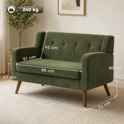 Rackhams 2 Seater Sofa, 118 cm Corduroy Small Loveseat Sofa, Dark Green - thumbnail 3
